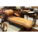 Late 19th century Walnut Framed Chaise Lounge with Brass Studded Tan Brown Leather Upholstery