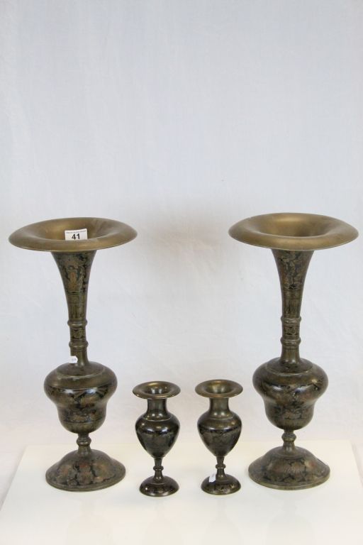 Two pairs of Middle Eastern Bronze Vases with Black Enamel decoration, the tallest pair approx 44cm