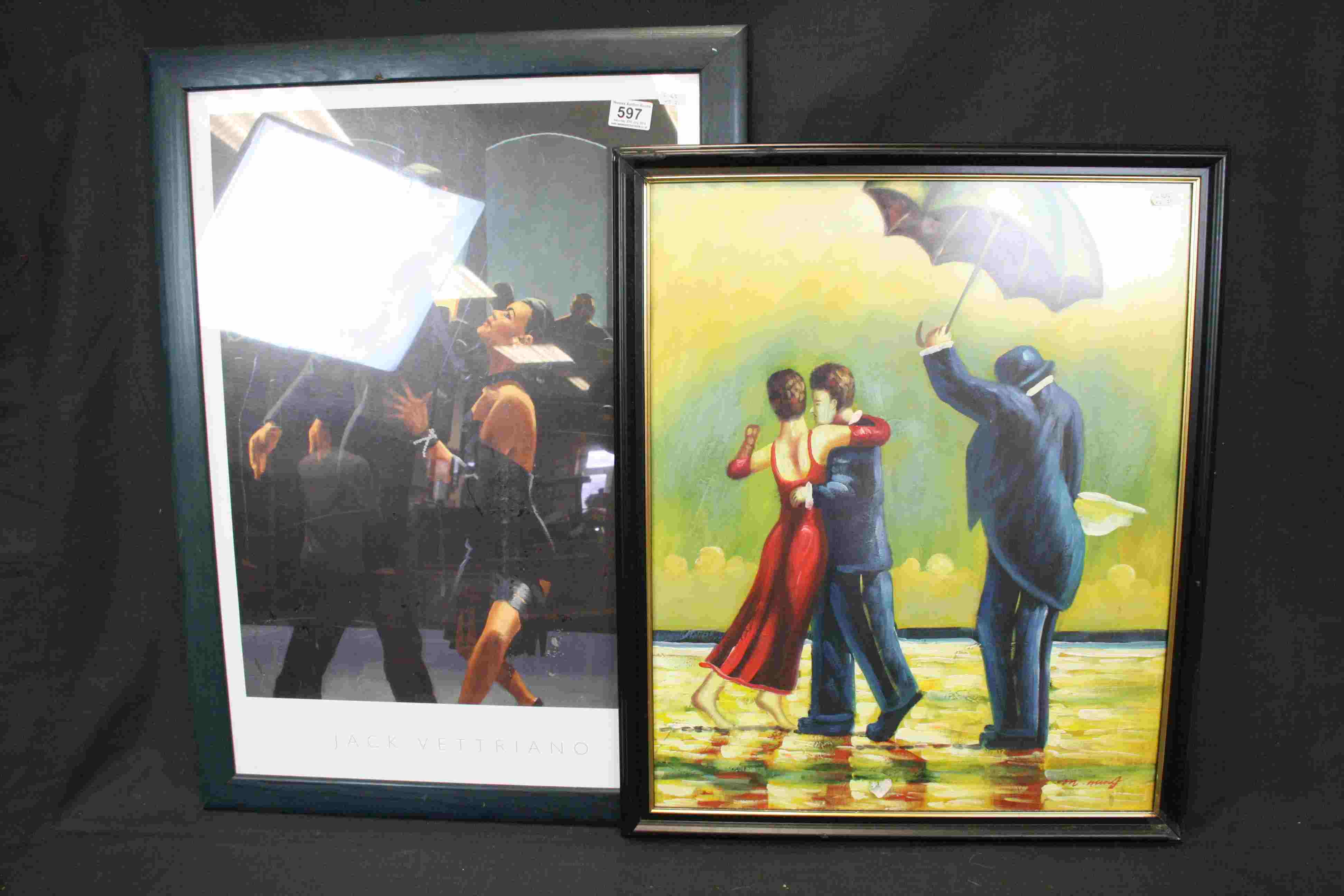 After Jack Vettriano print of Tango Dancers together with an oil painting of dancers on a seascape