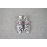 Pair of Marcasite Earrings in the form of Owls set with Ruby Earrings