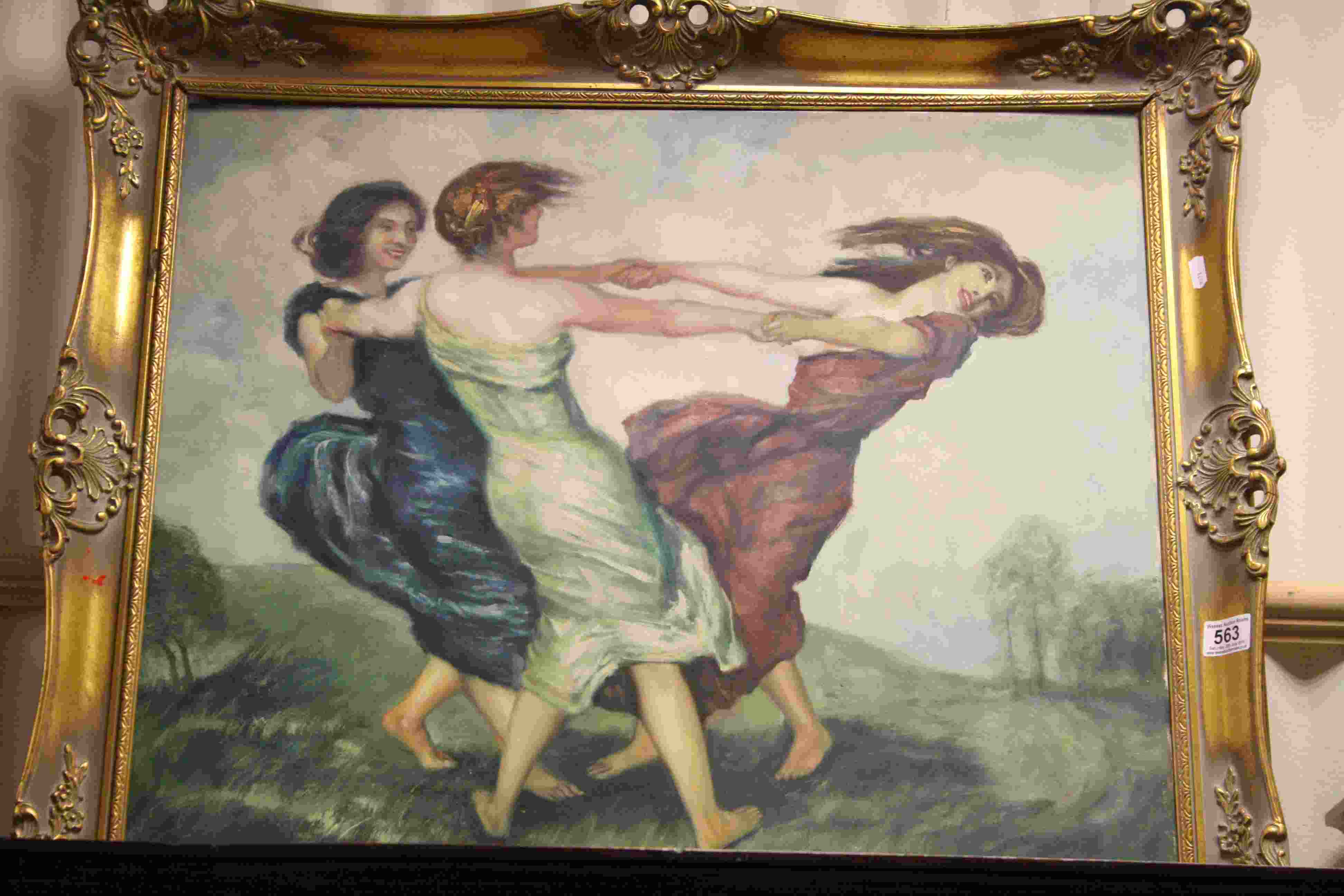 Oil on canvas, three dancing women on a hilltop in ornate frame, approx. 85cm x 75cm - Image 2 of 2