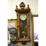 Glazed Vienna Regulator wall Clock with finials, pendulum, key etc, approx 125 x 43 x 16.5cm