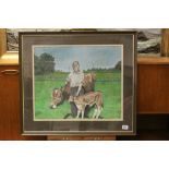 Signed and framed pastel of a farmer with cow and calf