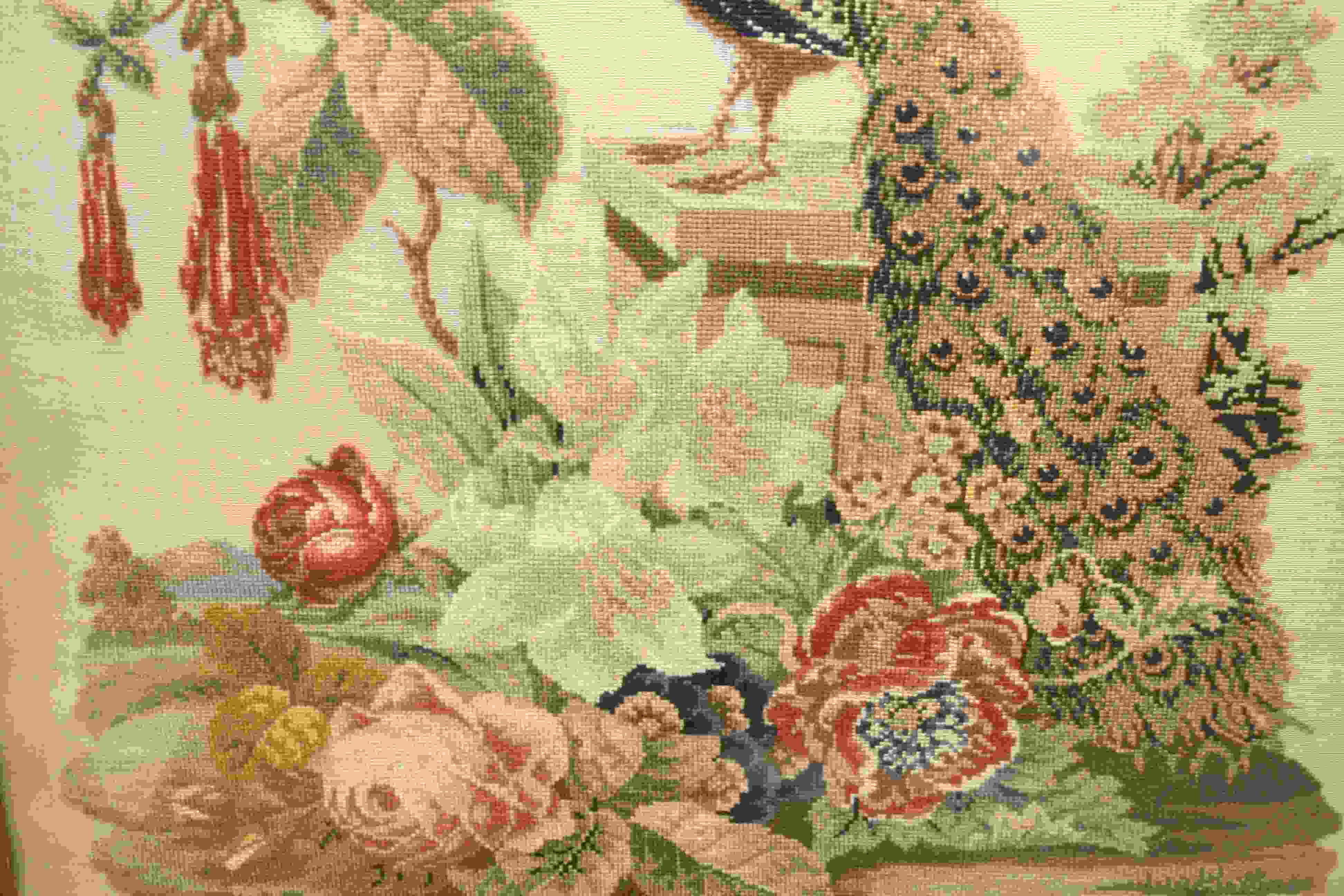 Framed and glazed tapestry of a peacock within floral scene approx. 77cm x 68cm - Image 5 of 5