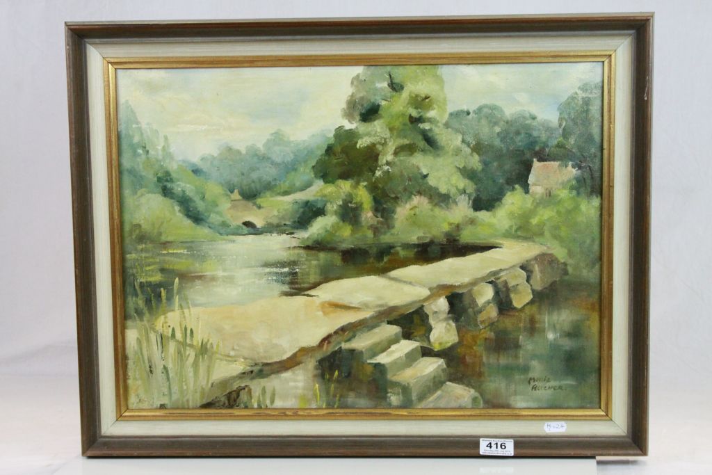 Mollie Fletcher oil on board rural river scene with bridge signed.