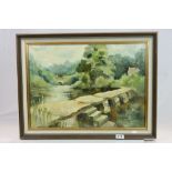 Mollie Fletcher oil on board rural river scene with bridge signed.