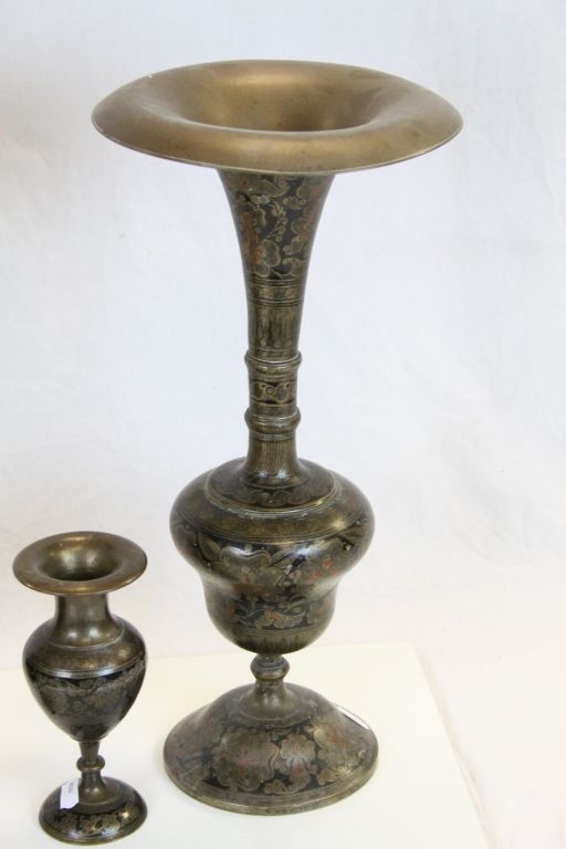 Two pairs of Middle Eastern Bronze Vases with Black Enamel decoration, the tallest pair approx 44cm - Image 2 of 7