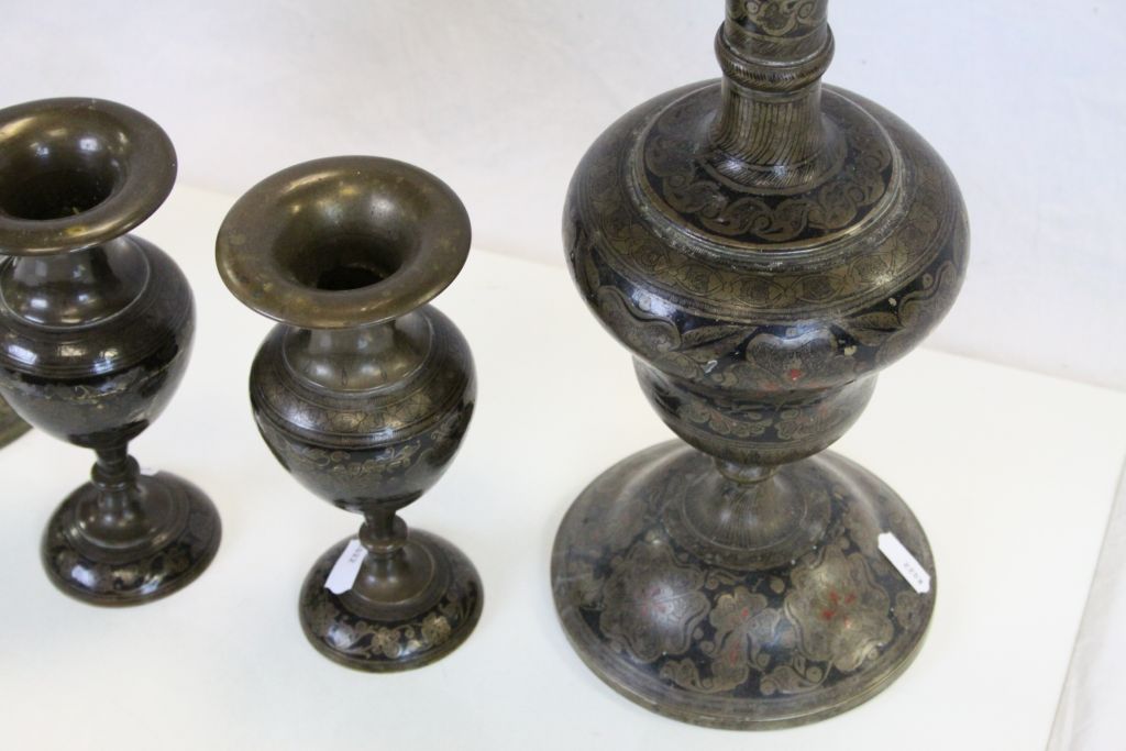 Two pairs of Middle Eastern Bronze Vases with Black Enamel decoration, the tallest pair approx 44cm - Image 7 of 7