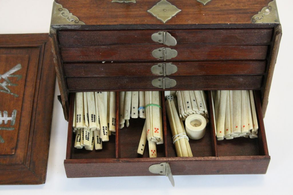 Oriental Hardwood & Brass chest of Drawers with Mah Jong set in Bone & Bamboo, box approx 23 x 15 - Image 4 of 10