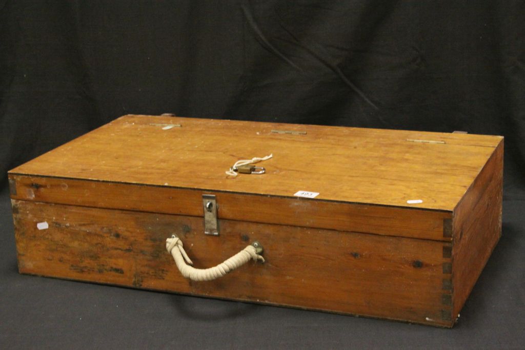 Large vintage wooden toolbox with two drawers of vintage tools to include chisels, planes, Rabone m