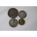 A selection of four victorian silver coins to include a 1892 Crown, 1889 Half Crown, a gothic Florin