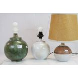 Three Studio pottery type bulbous table Lamps, largest approx 23cm tall, excluding the fittings