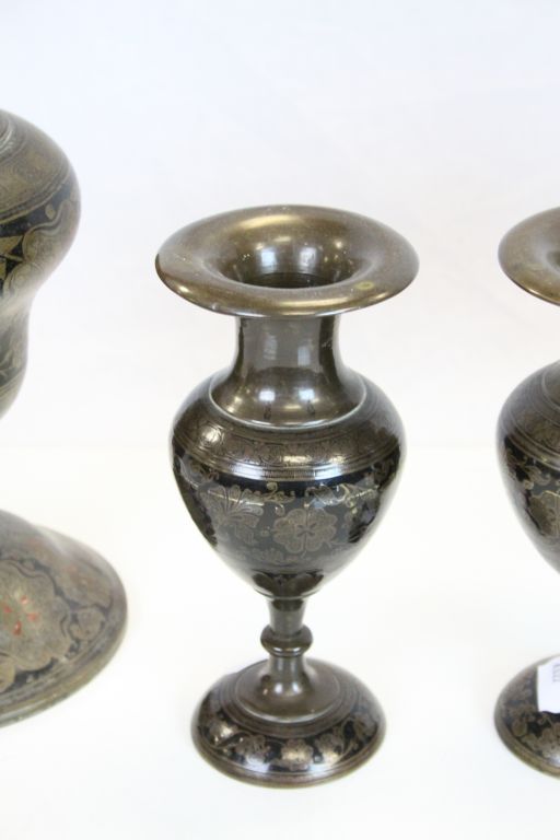 Two pairs of Middle Eastern Bronze Vases with Black Enamel decoration, the tallest pair approx 44cm - Image 4 of 7