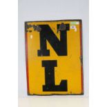 Vintage Enamel sign in red, yellow & black, marked "NL", measures approx 60 x 46cm