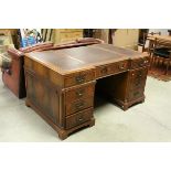 Large leather topped pedestal desk, hand crafted by Mines of Downley in Buckinghamshire, approx.