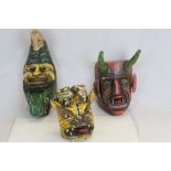 Three vintage carved Asian Wooden Masks with painted finish, depicting the Devil etc