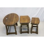 18th century Style Oak Nest of Three Tables, the largest table with oval top, 81cms long x 46cms