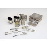 Collection of hallmarked silver items to include cigarette box, salts, spoons & mustard jar.