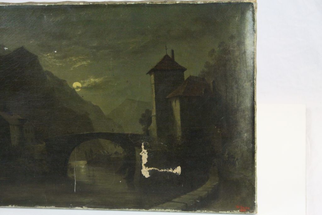 W Bush, Oil on Canvas Continental River Scene at night with bridge. - Image 2 of 6