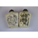 Pair of Oriental carved Bone Snuff bottles with Erotic images & stone set lids, both approx 7cm