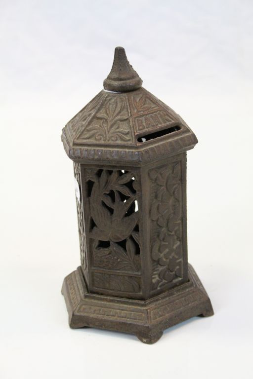 Vintage Cast Iron "Pergola" style Money Box with RD number to base, stands approx 15.5cm