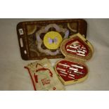 Hardwood Serving Tray inset with a pattern of Butterfly Wings, Vintage Cased Manicure Set and a