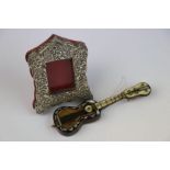 19th century Miniature Tortoiseshell and Bone Guitar together with a Small White Metal Framed