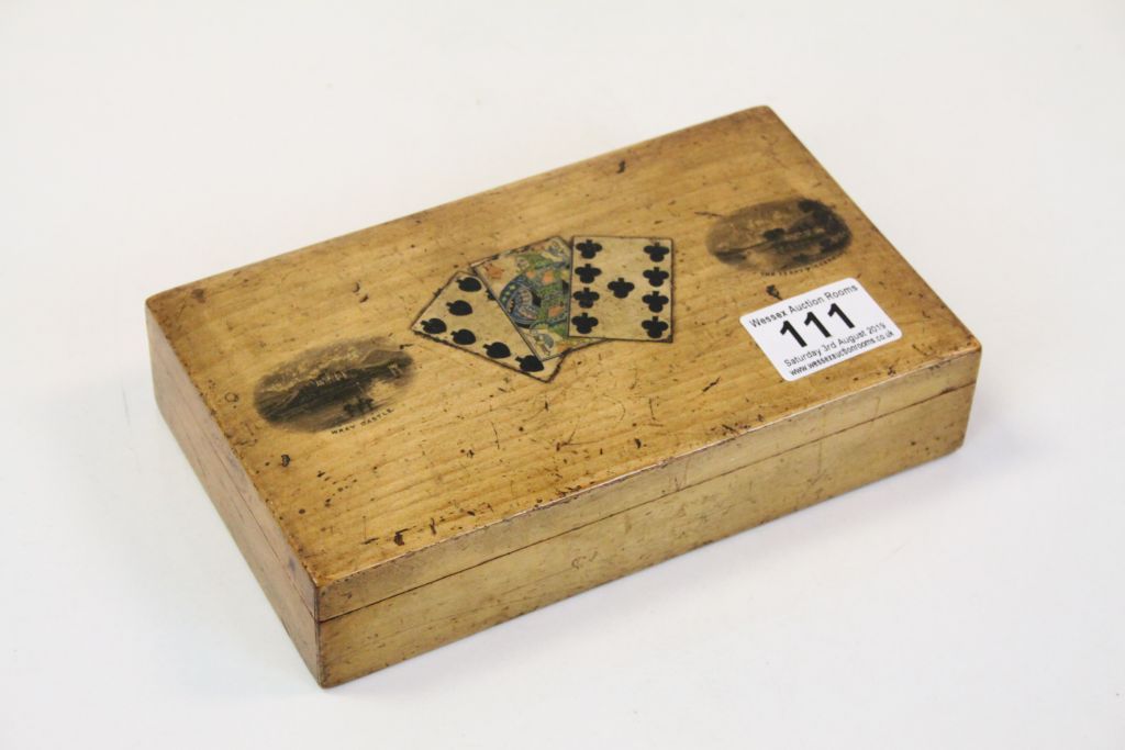 Antique Mauchline Ware Playing Card Box, the top decorated with playing cards and scenes of Wray