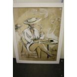 Large Contemporary Print of a Seated French Lady, 101cms x 75cms, framed and glazed