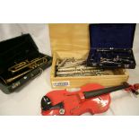 Cased Part Clarinet, Electric Violin (a/f), Cased Part Trumpet and a Box of Flute Parts