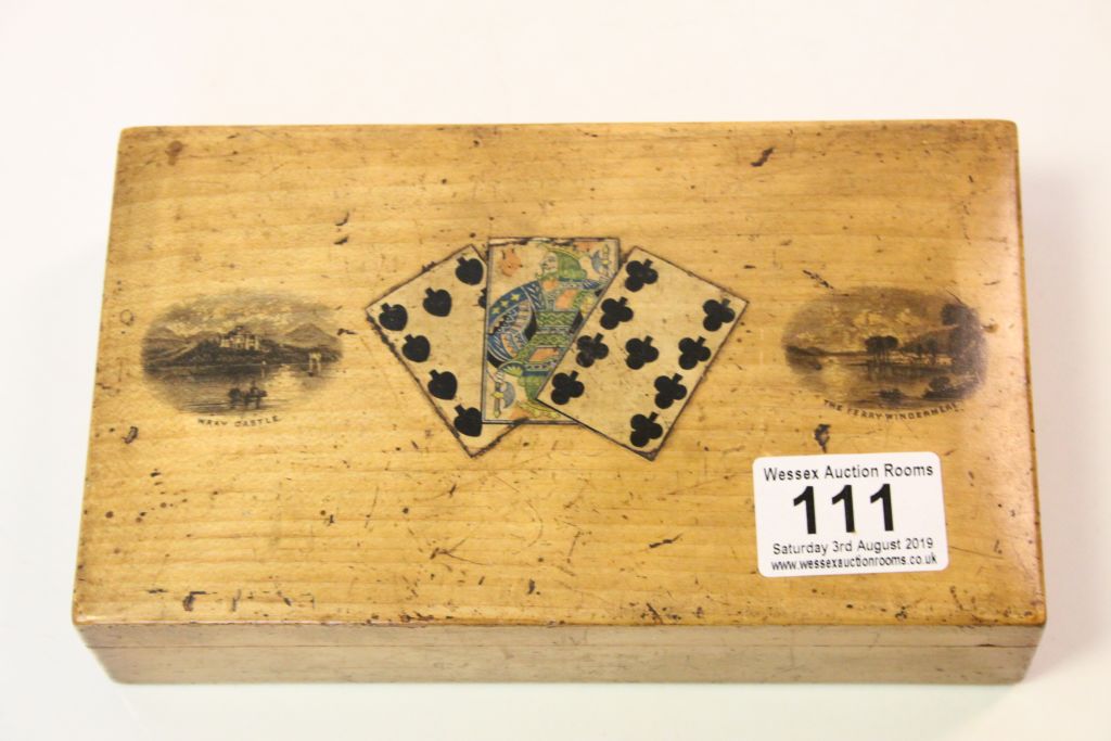 Antique Mauchline Ware Playing Card Box, the top decorated with playing cards and scenes of Wray - Image 3 of 3