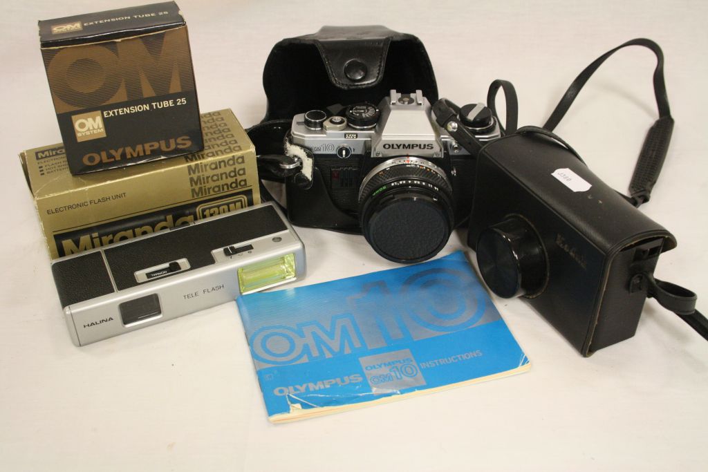 Cased Olympus OM 10 SLR Camera with Instruction Booklet, Boxed Olympus Extension Tube 24 and Miranda