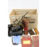 Box of mixed collectables to include three cased pair of Binoculars, 19th Century Maps, Photograph