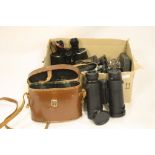 Four Pairs of Binoculars (one leather cased), Cased Drawing Set, Papier Mache Standish and Two Brass