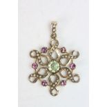 Edwardian peridot, amethyst and seed pearl 9ct yellow gold Suffragette pendant, the central round