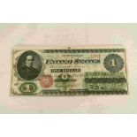 1862 United States One Dollar Banknote, New York Treasury, fold creases and some dirt, overall