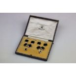 Cased set of onyx platinum and 18ct yellow gold button and stud set comprising a pair of chain