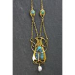 Murrle Bennett Arts and Crafts turquoise and baroque pearl 15ct yellow gold pendant necklace, the