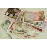 Small collection of mainly European coins, pre Euro plus a collection of vintage Banknotes to