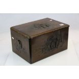 Carved Oriental Hardwood Sewing box with figural scene to lid, measures approx 44 x 31 x 24cm
