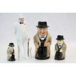 Three Royal Doulton "Winston Churchill" ceramic Character jugs in varying sizes, the largest