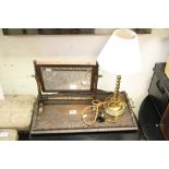 Heavily carved Oak tray with twin Brass handles, wooden framed Dressing table Mirror & a Brass
