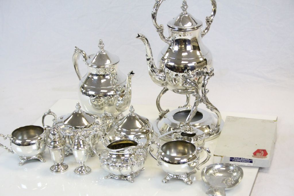 Collection of mix Silver Plate to include teapot with stand, sugar bowls, cream jug etc