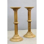 Pair of Carved Pine Jardiniere Stands on Reeded Column Supports and Circular Pedestal Bases, 68cms