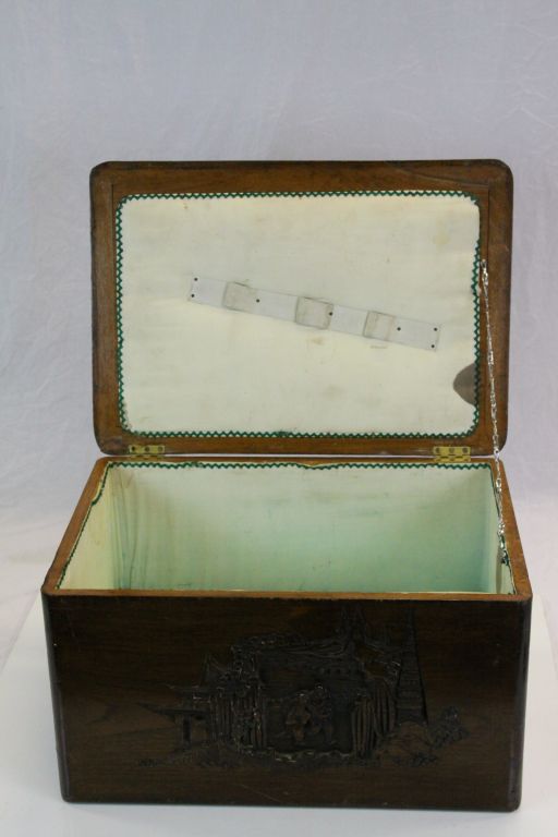 Carved Oriental Hardwood Sewing box with figural scene to lid, measures approx 44 x 31 x 24cm - Image 4 of 5