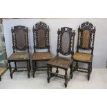 Three Near Pairs of Victorian Oak Heavily Carved Hall / Dining Chairs, all with Barley Twist