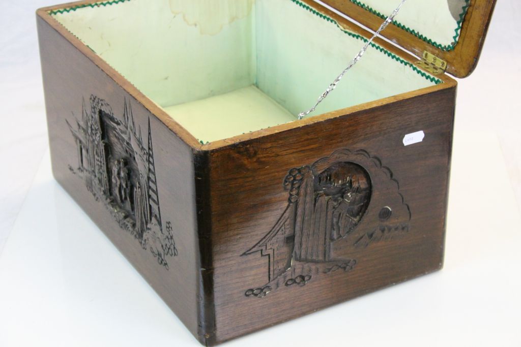 Carved Oriental Hardwood Sewing box with figural scene to lid, measures approx 44 x 31 x 24cm - Image 5 of 5