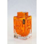 Whitefriars Tangerine glass vase in "Greek Key" pattern, stands approx 11cm