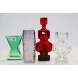 Three vintage Art Glass vases to include Finnish, plus a similar red glass vase with stopper,