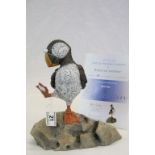 Limited Edition Rebecca Lardner Cold Cast Porcelain sculpture of a Puffin, titled "Rock Star" with